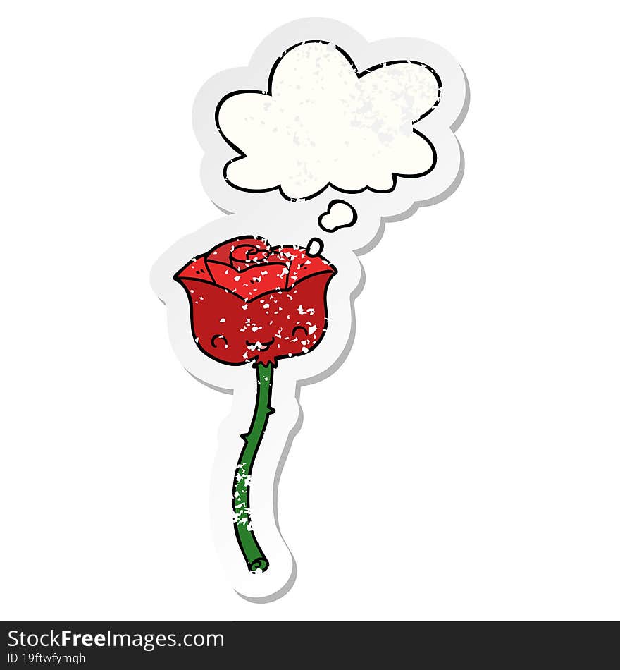 cartoon rose and thought bubble as a distressed worn sticker