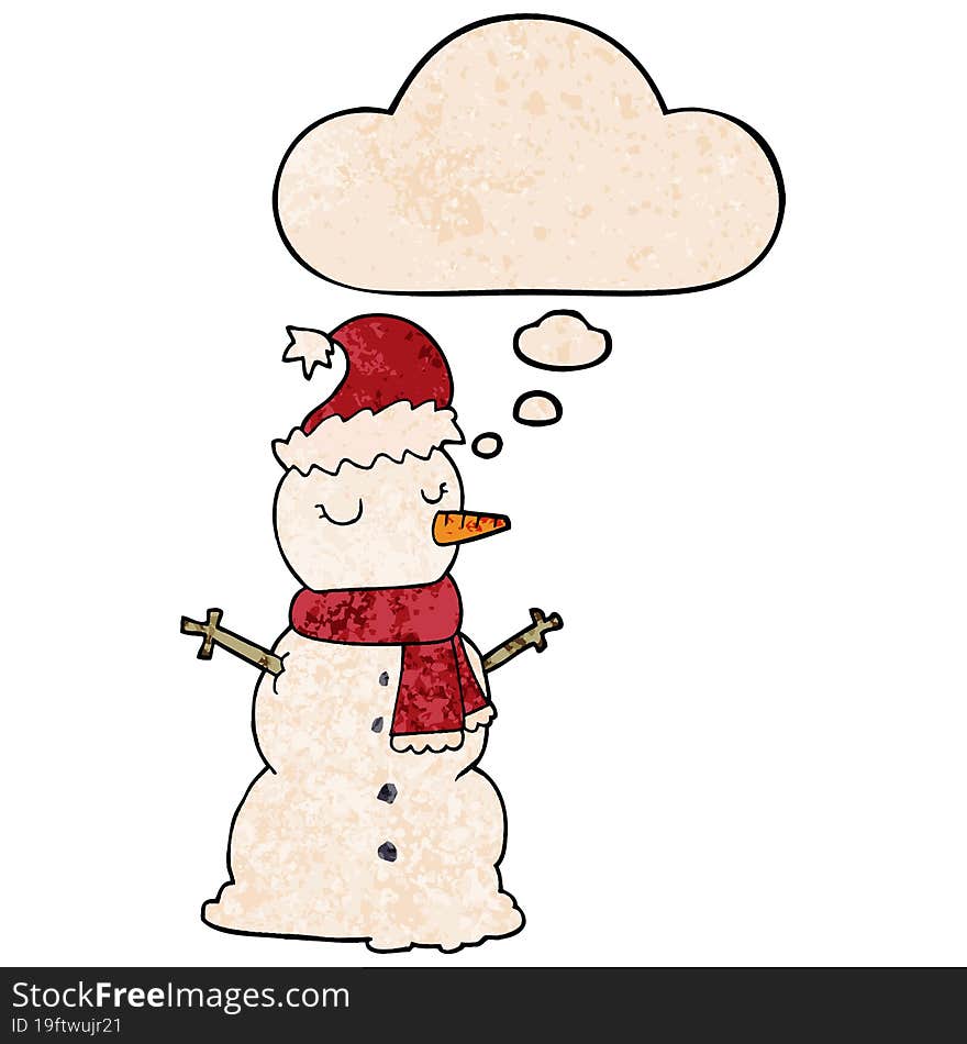 cartoon snowman and thought bubble in grunge texture pattern style