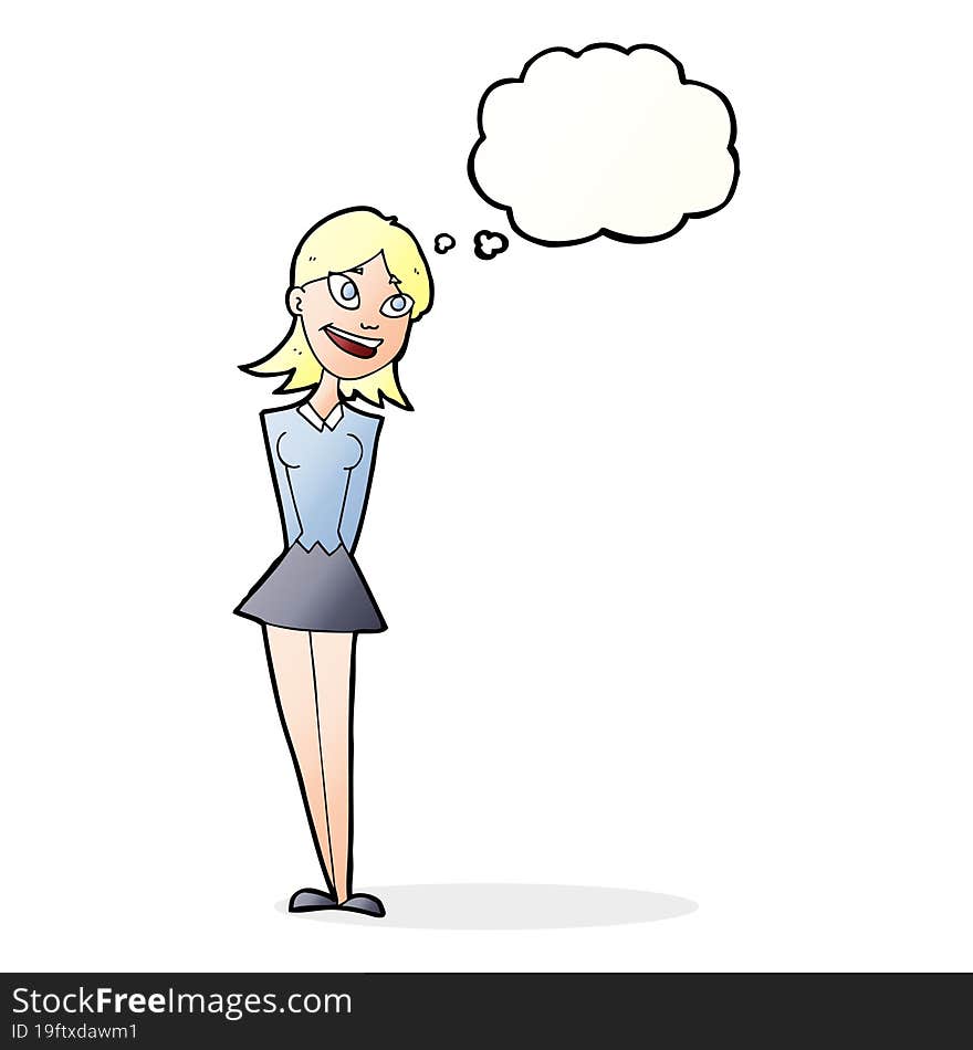 cartoon happy woman with thought bubble