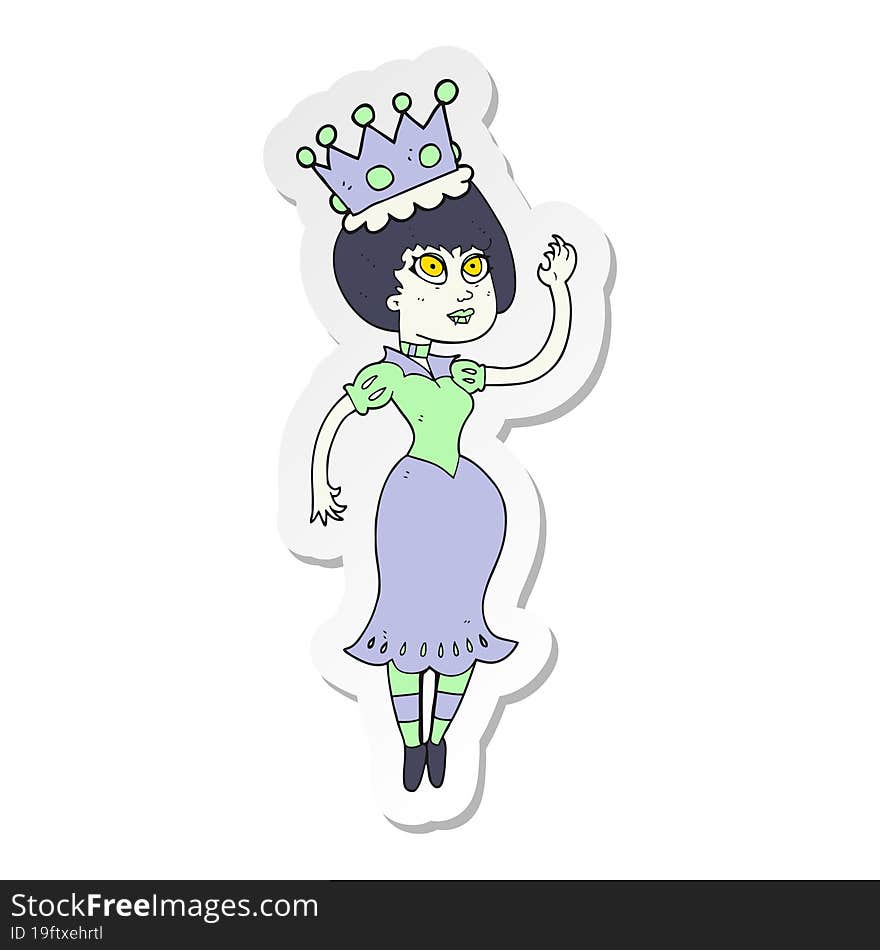 sticker of a cartoon vampire queen waving