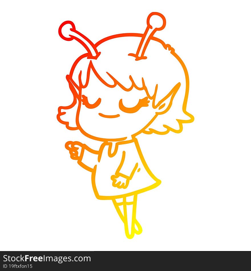 warm gradient line drawing smiling alien girl cartoon