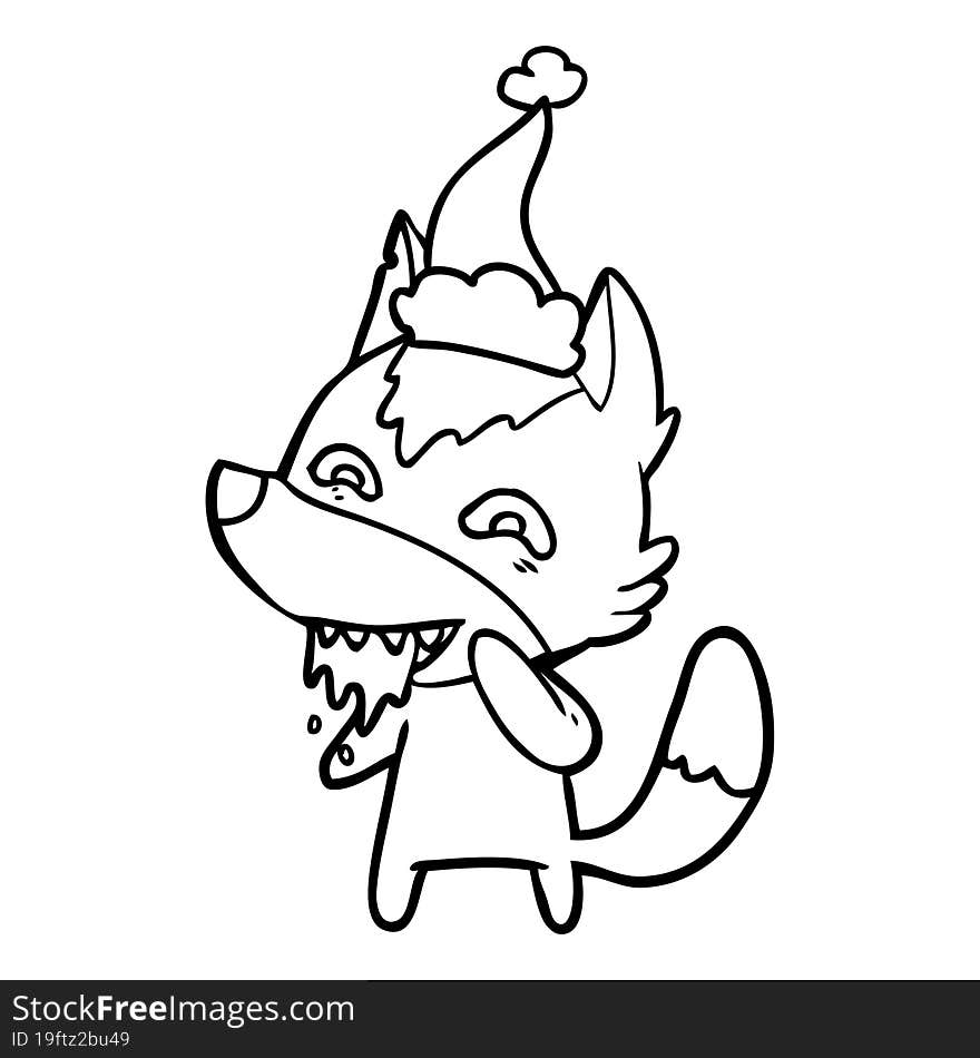 line drawing of a hungry wolf wearing santa hat