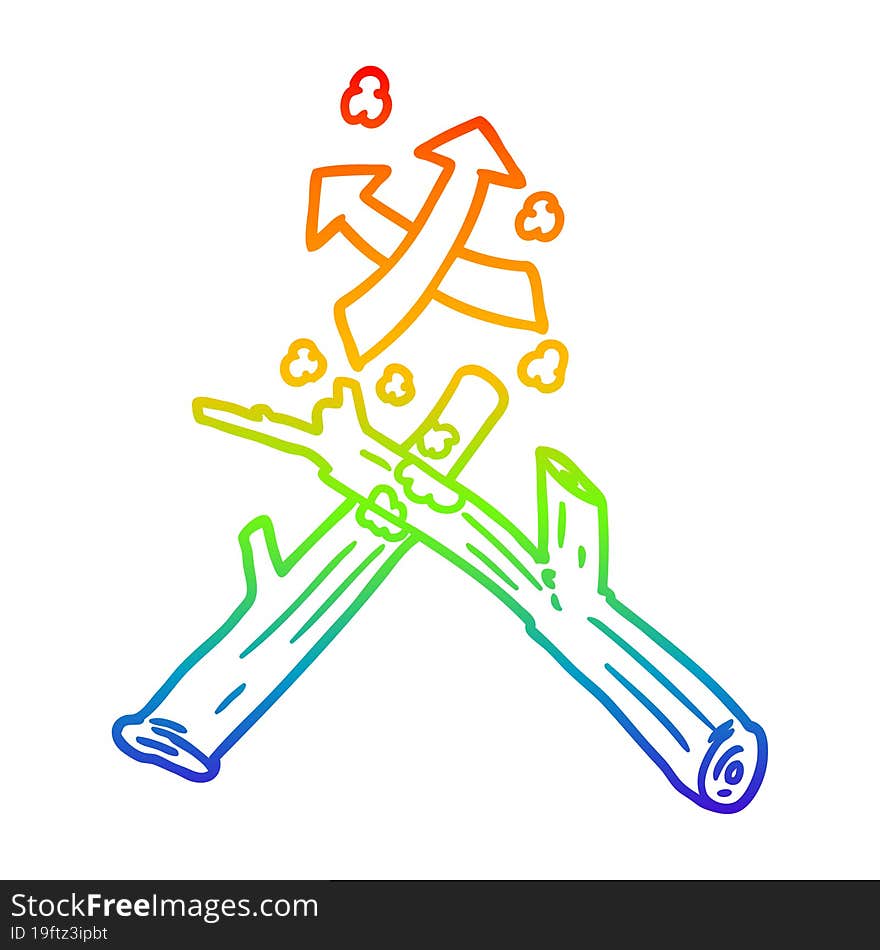 rainbow gradient line drawing of a how to start a fire with two sticks