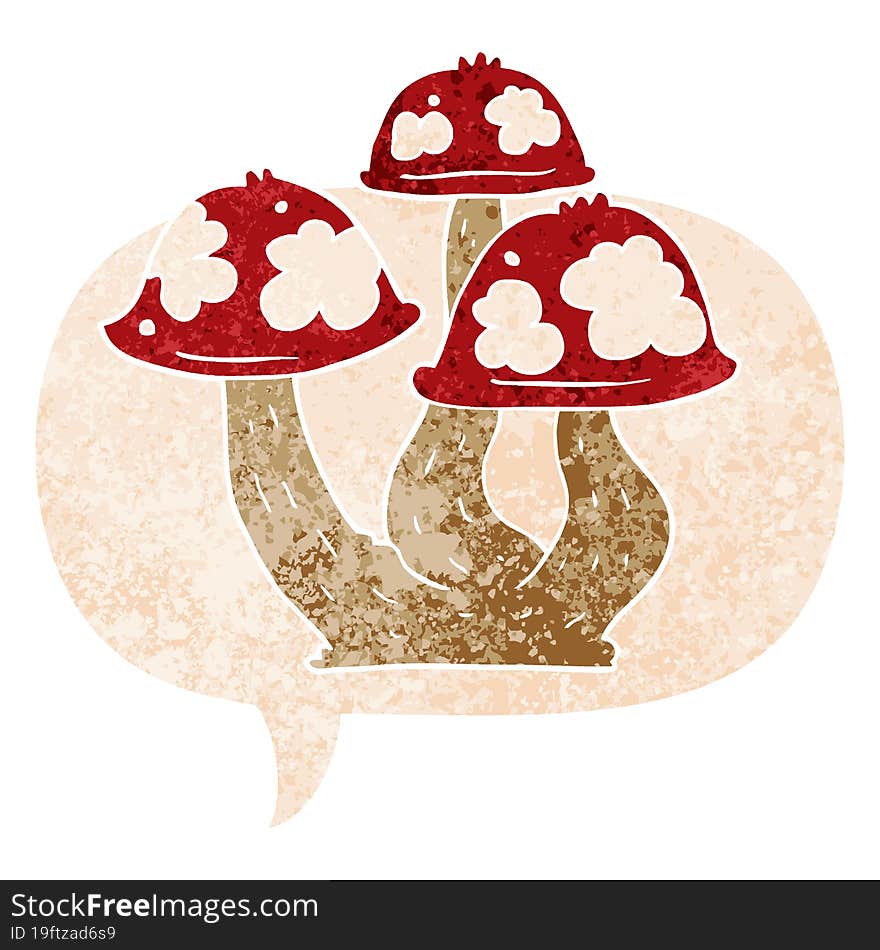 cartoon mushrooms and speech bubble in retro textured style