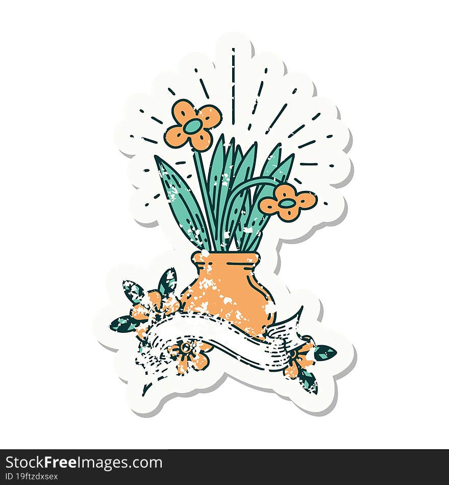 grunge sticker of tattoo style flowers in vase