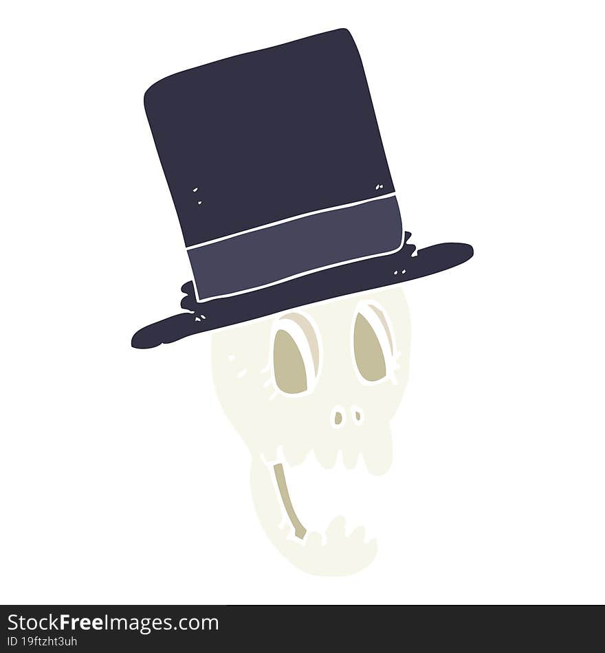 flat color illustration of a cartoon skull wearing top hat