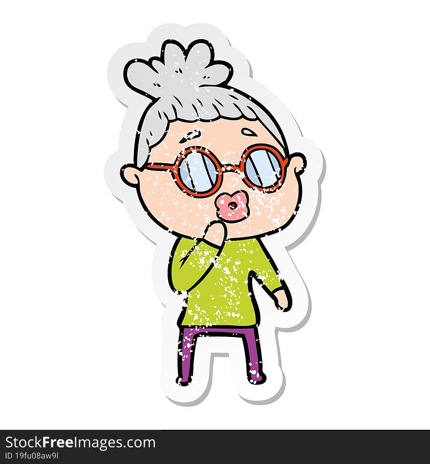 distressed sticker of a cartoon woman wearing spectacles