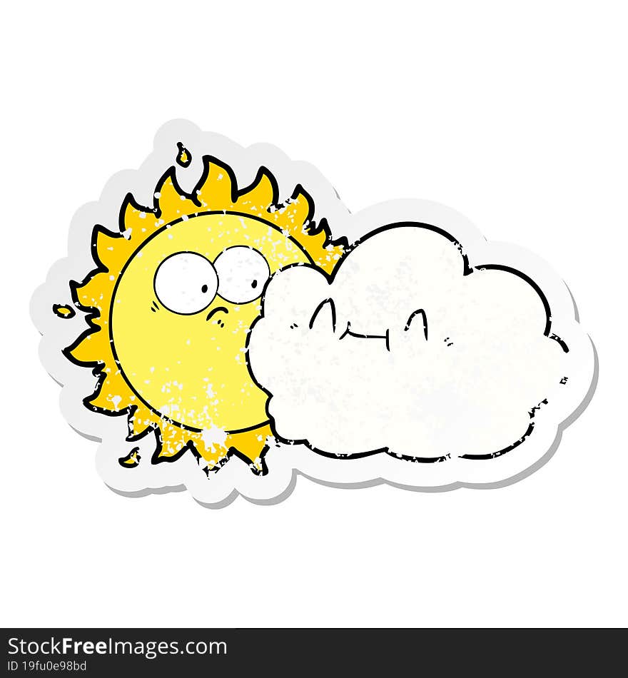 distressed sticker of a cute cartoon cloud and sun