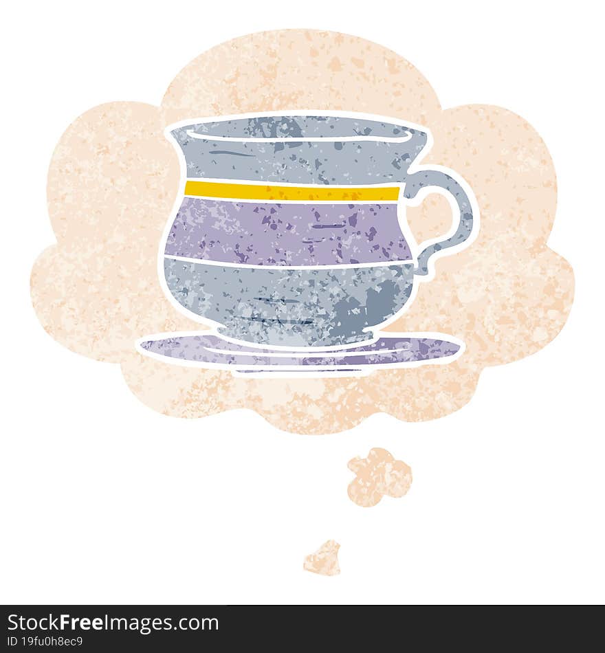 cartoon old tea cup with thought bubble in grunge distressed retro textured style. cartoon old tea cup with thought bubble in grunge distressed retro textured style