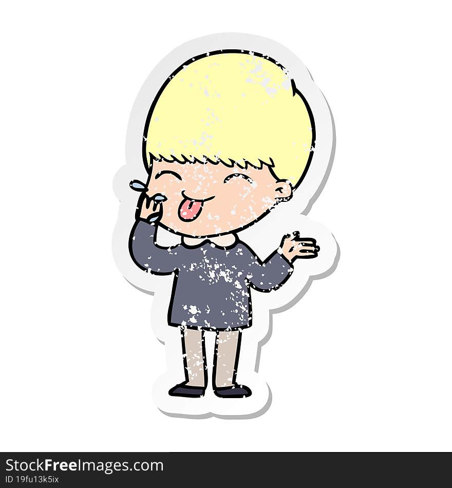 distressed sticker of a cartoon boy sticking out tongue