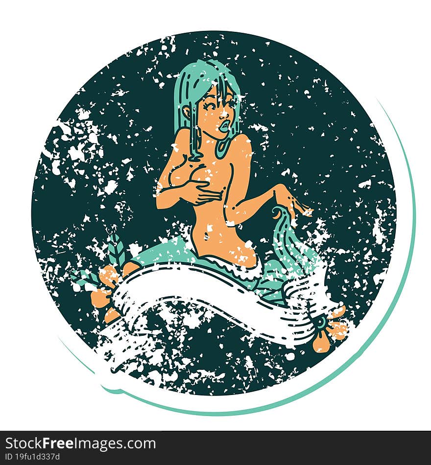 distressed sticker tattoo in traditional style of a pinup mermaid with banner. distressed sticker tattoo in traditional style of a pinup mermaid with banner