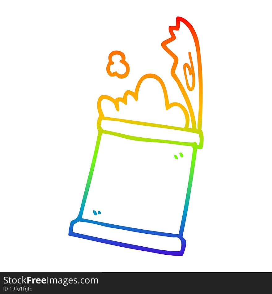 rainbow gradient line drawing of a cartoon open can of food