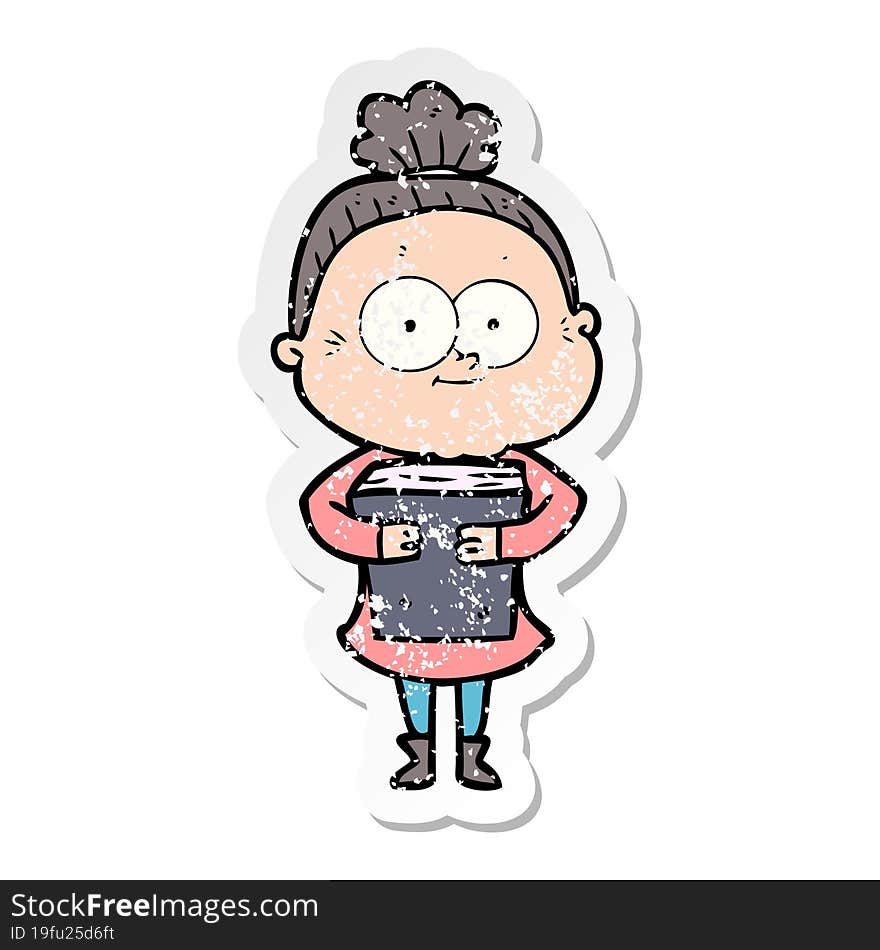 distressed sticker of a cartoon happy old woman