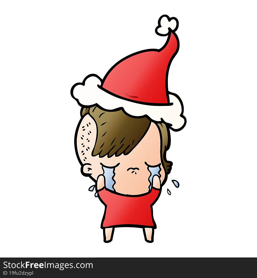 gradient cartoon of a crying girl wearing santa hat