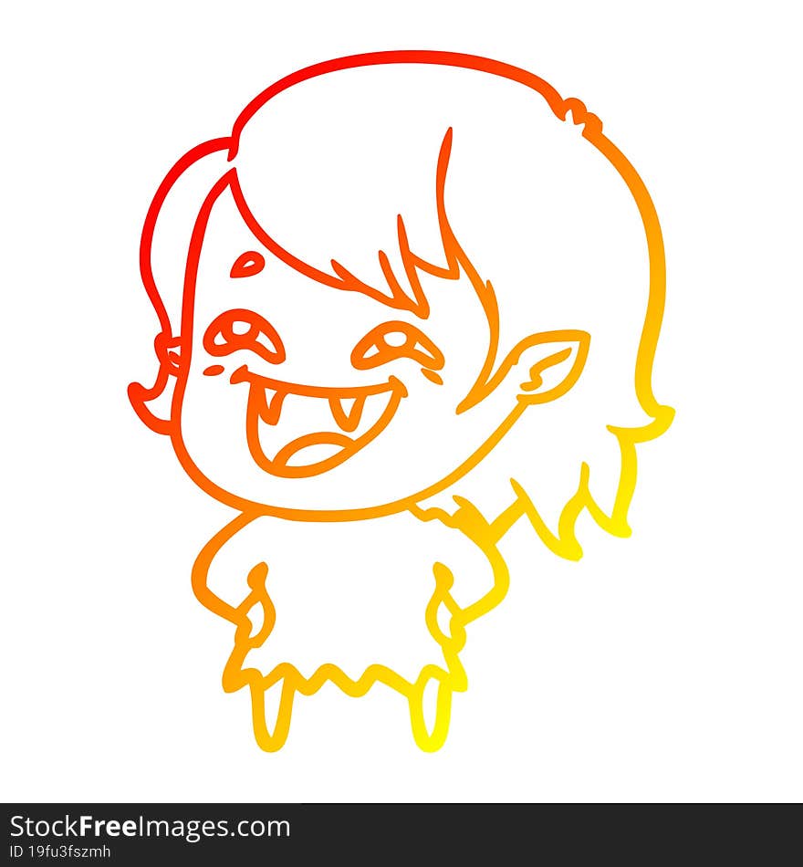 warm gradient line drawing of a cartoon laughing vampire girl