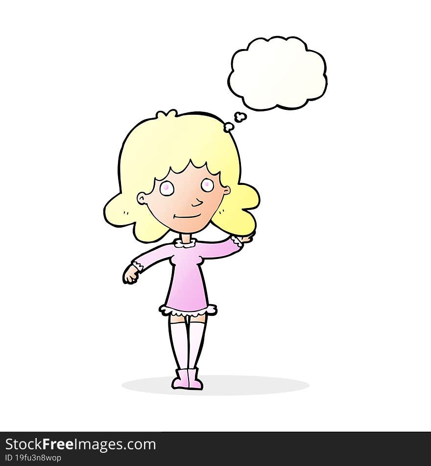 cartoon friendly woman waving with thought bubble