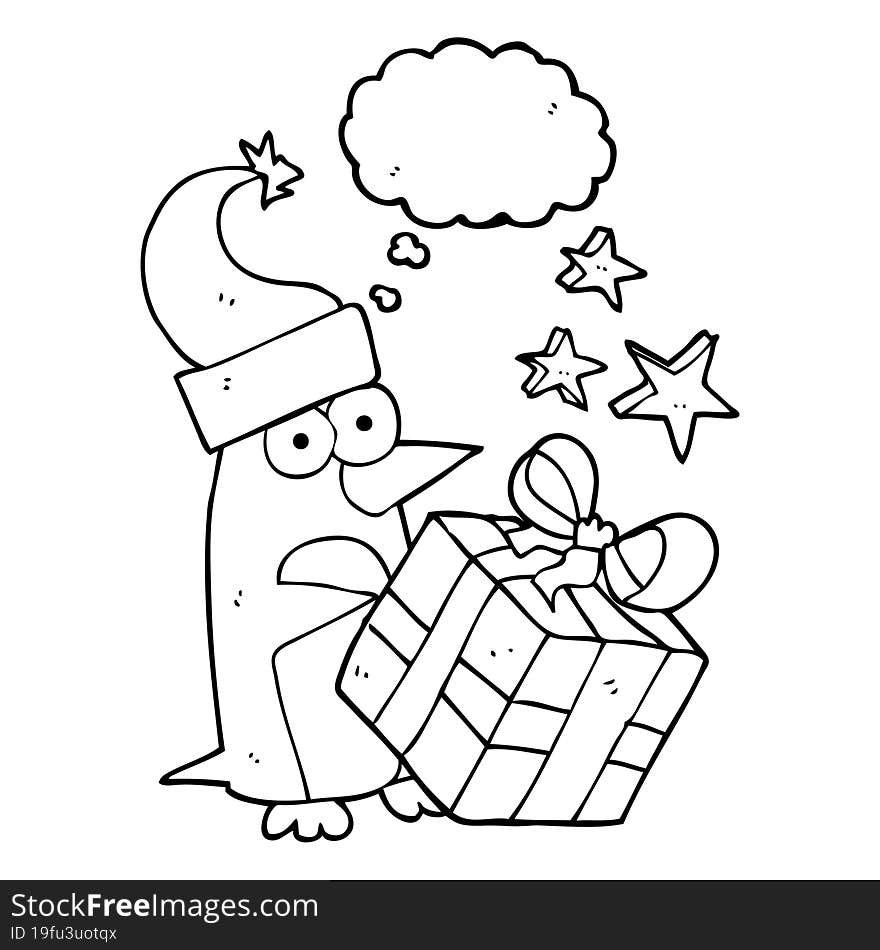 thought bubble cartoon christmas penguin with present