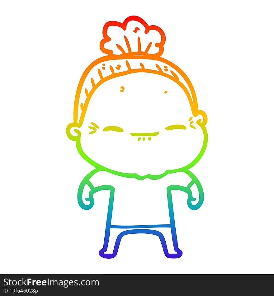 rainbow gradient line drawing of a cartoon peaceful old woman