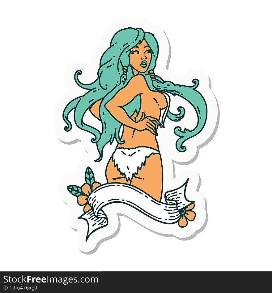 sticker of tattoo in traditional style of a pinup viking girl with banner. sticker of tattoo in traditional style of a pinup viking girl with banner