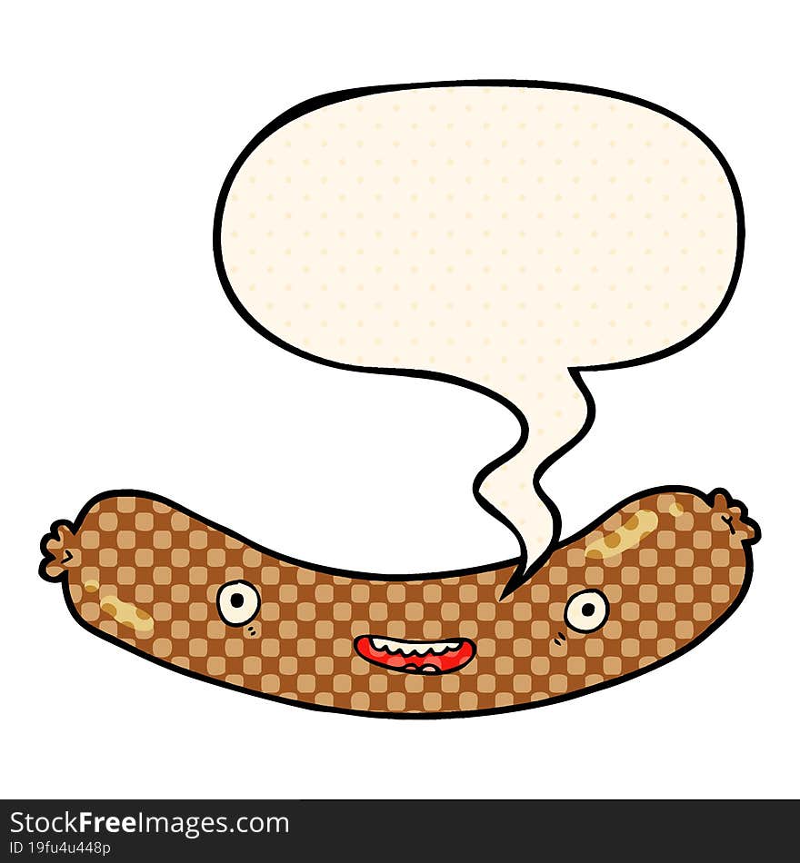 cartoon sausage and speech bubble in comic book style