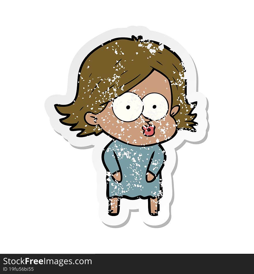 distressed sticker of a cartoon girl pouting