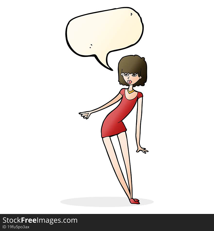 cartoon woman in dress leaning with speech bubble