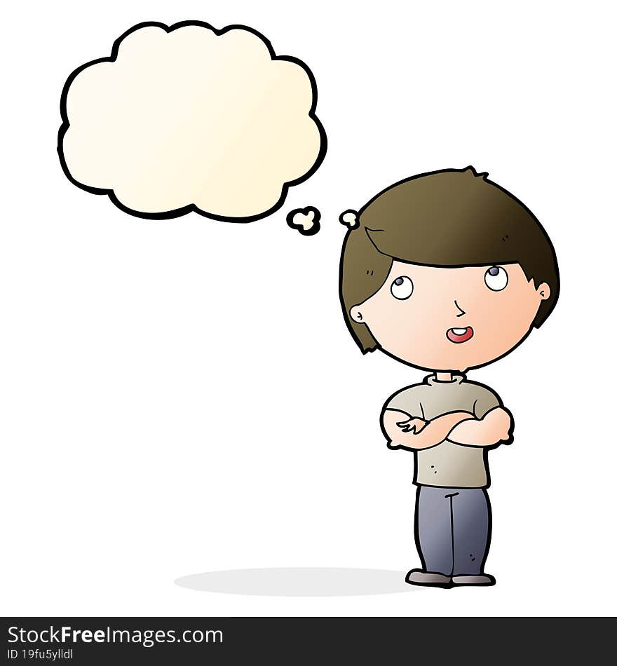 cartoon happy man with folded arm with thought bubble