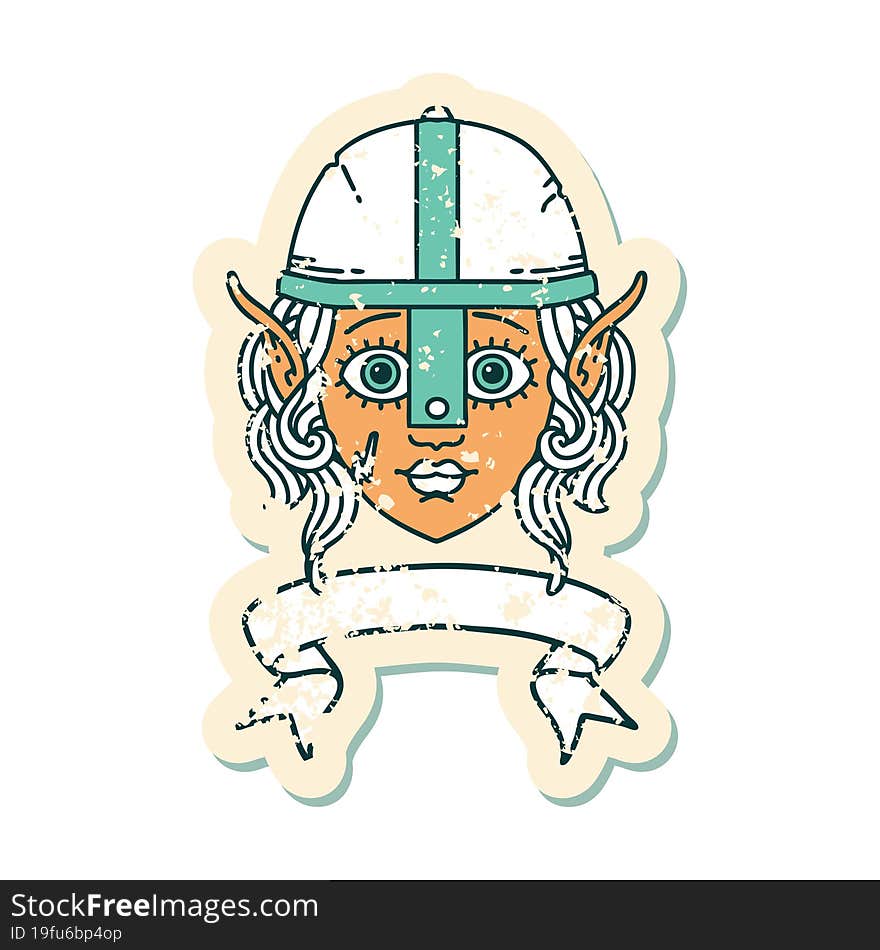 Retro Tattoo Style elf fighter character face with banner. Retro Tattoo Style elf fighter character face with banner