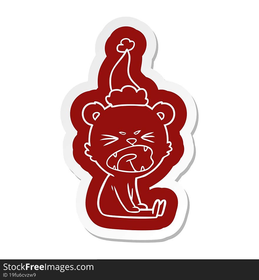 angry cartoon  sticker of a bear wearing santa hat