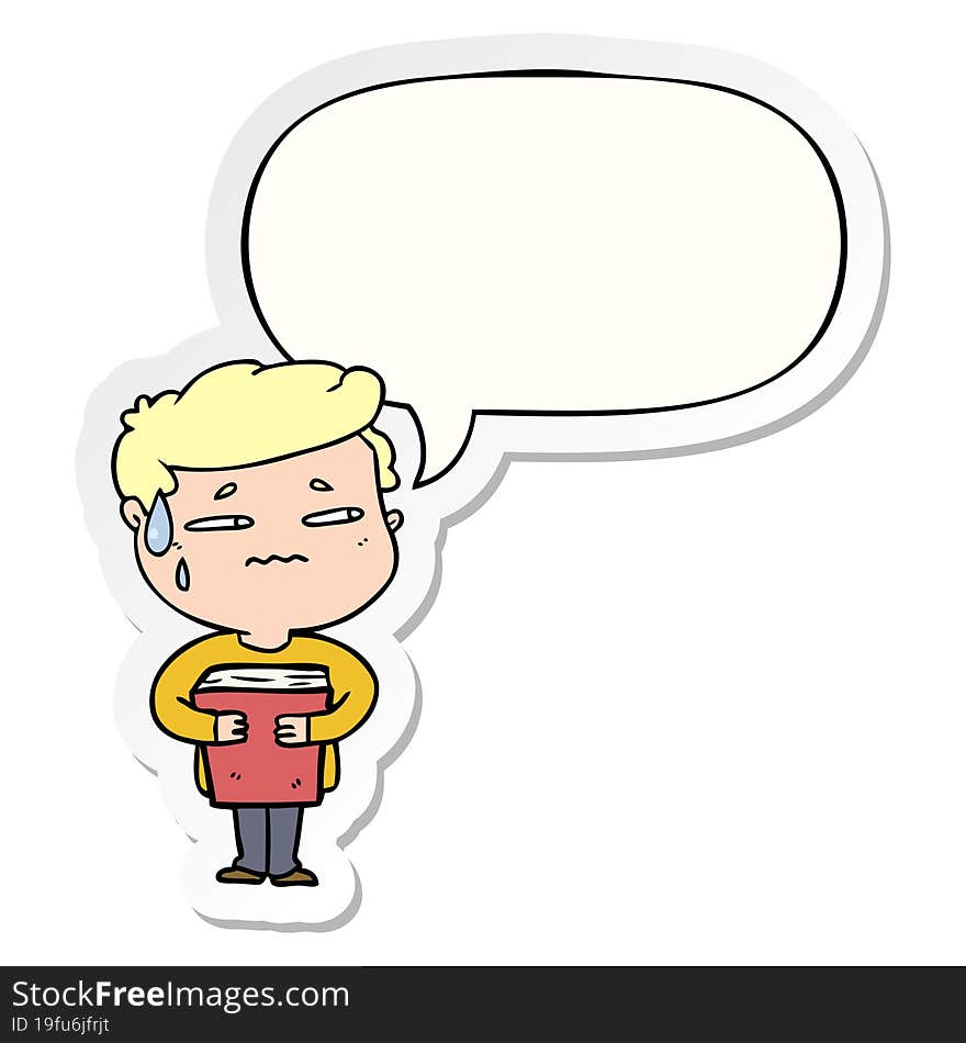 Cartoon Anxious Boy Carrying Book And Speech Bubble Sticker