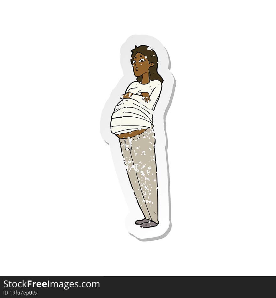 retro distressed sticker of a cartoon pregnant woman