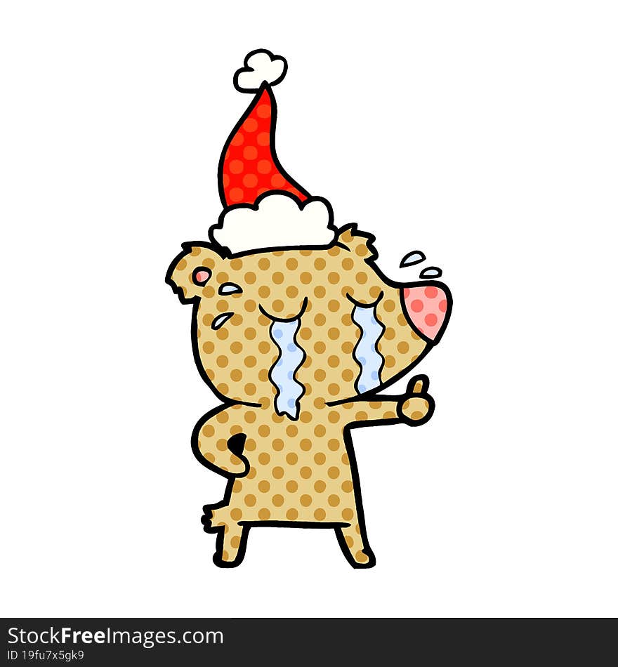 comic book style illustration of a crying bear wearing santa hat