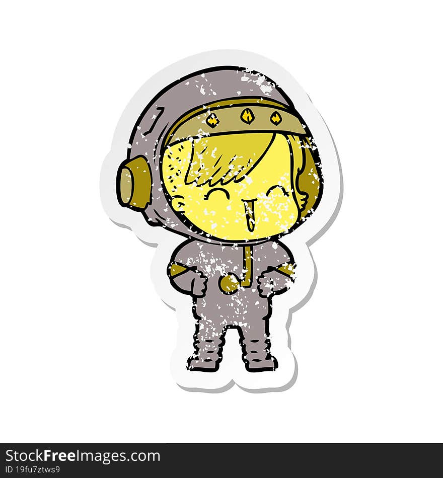 distressed sticker of a happy cartoon space girl