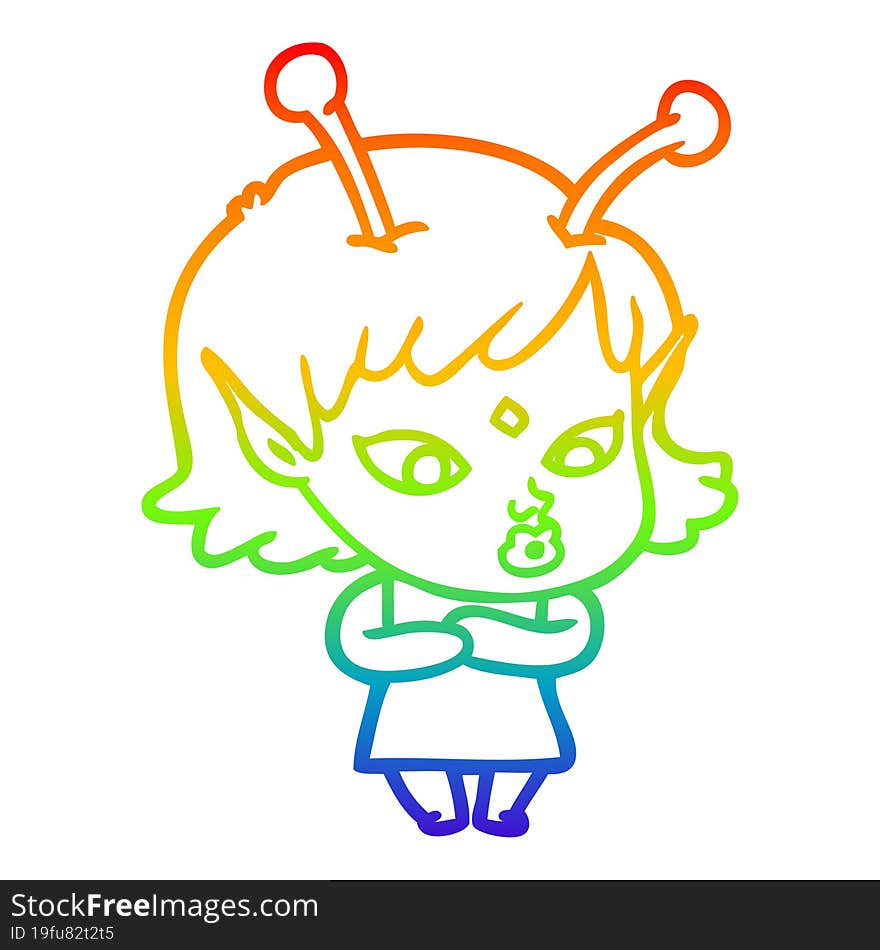 rainbow gradient line drawing pretty cartoon alien girl