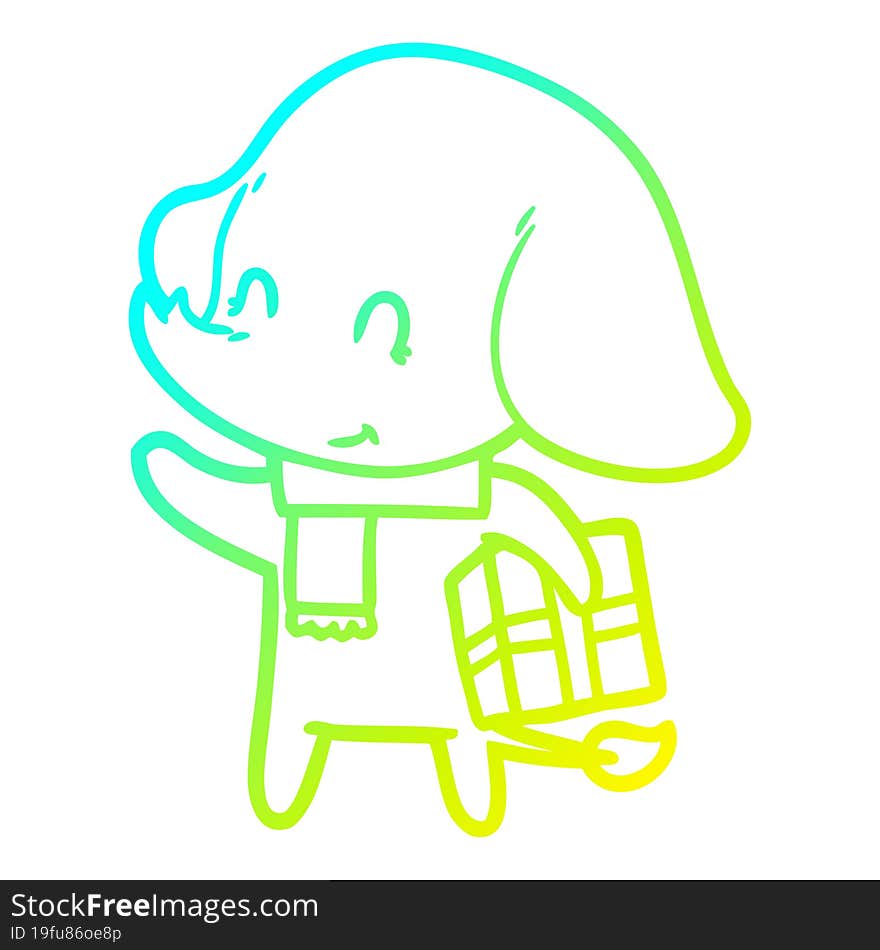 cold gradient line drawing cute cartoon christmas elephant