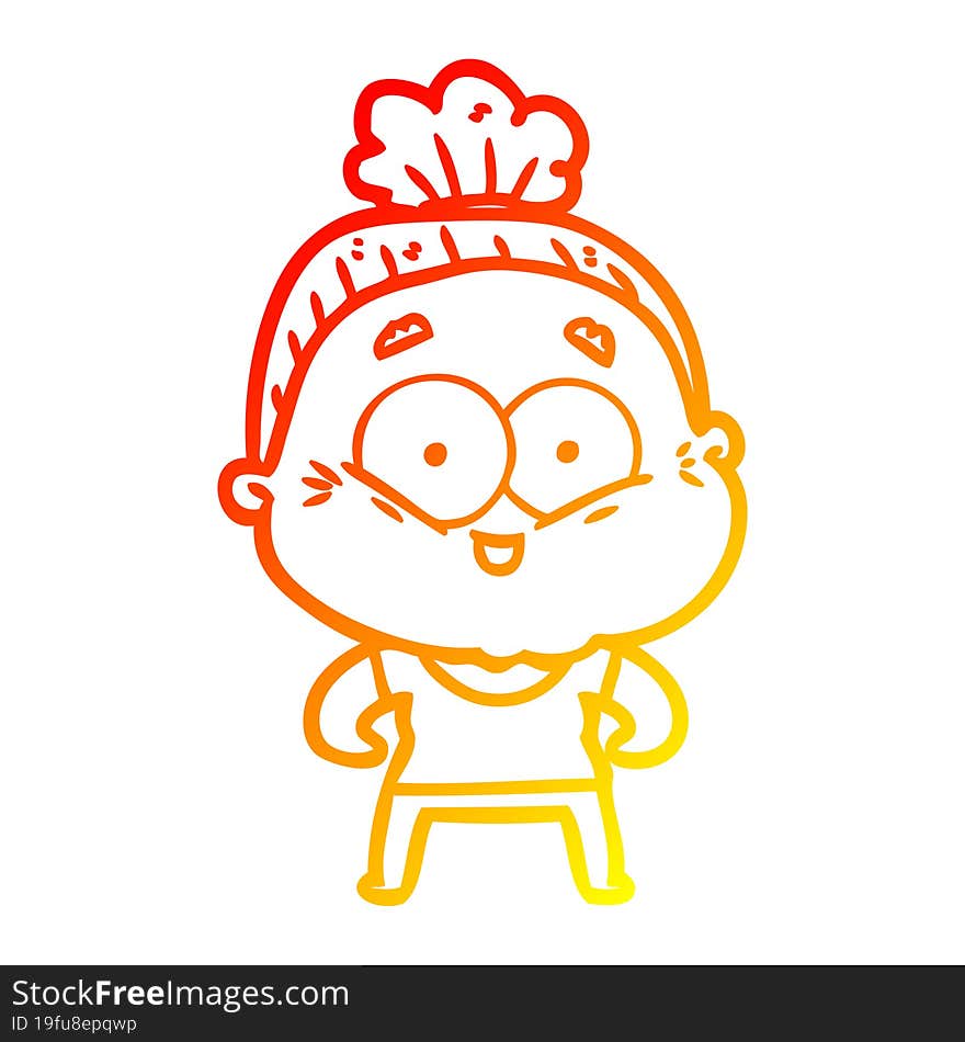 warm gradient line drawing of a cartoon happy old woman