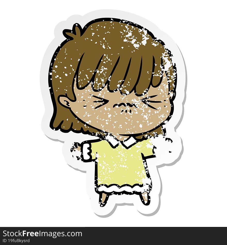 distressed sticker of a annoyed cartoon girl