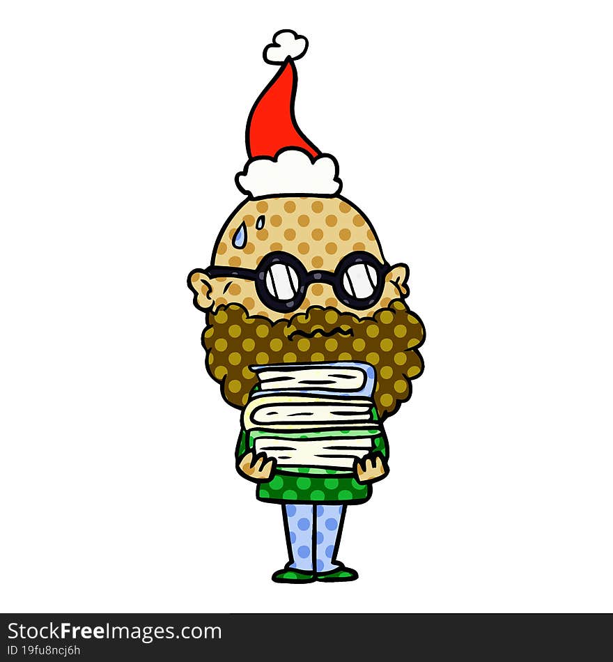 comic book style illustration of a worried man with beard and stack of books wearing santa hat