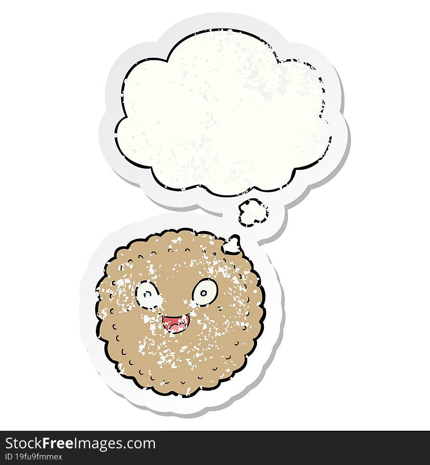 cartoon biscuit and thought bubble as a distressed worn sticker