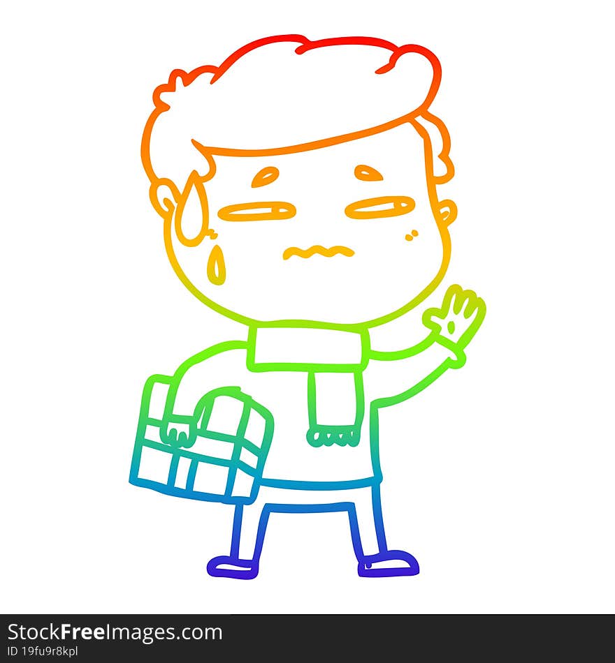 rainbow gradient line drawing cartoon anxious man with christmas gift