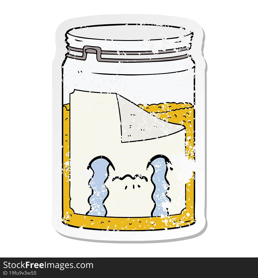 distressed sticker of a cartoon glass jar crying