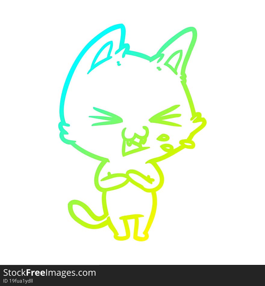 cold gradient line drawing of a cartoon cat hissing