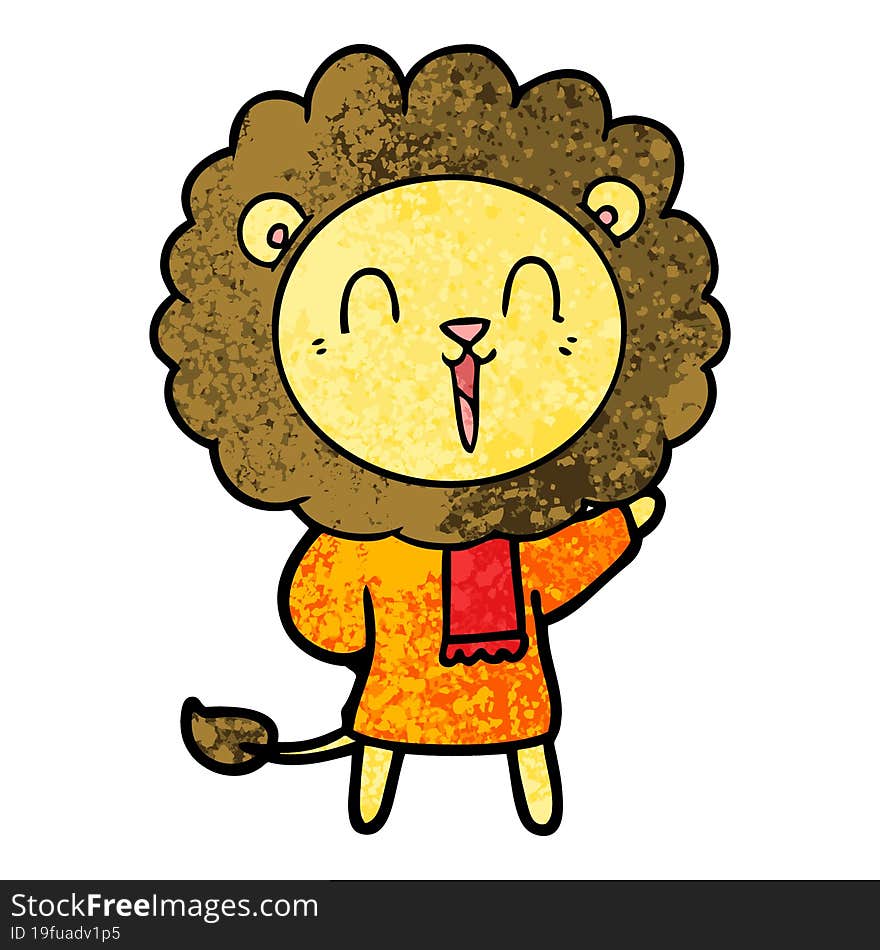 laughing lion cartoon in winter clothes. laughing lion cartoon in winter clothes