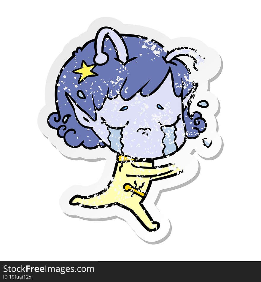 Distressed Sticker Of A Cartoon Crying Alien Girl