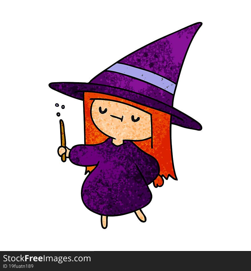 textured cartoon of a cute kawaii witch girl