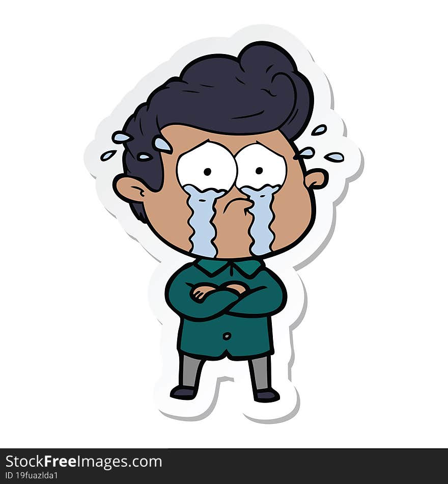 sticker of a cartoon crying man with crossed arms