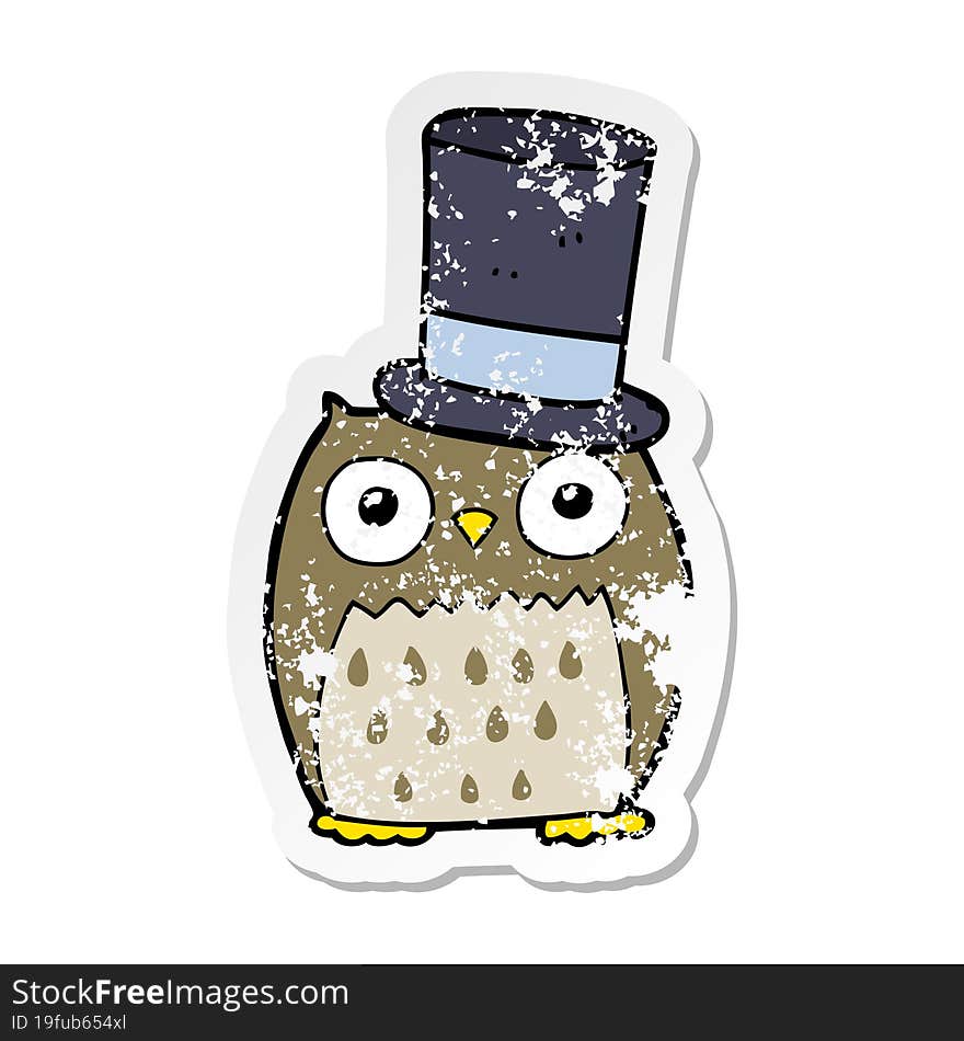 Distressed Sticker Of A Cartoon Owl Wearing Top Hat