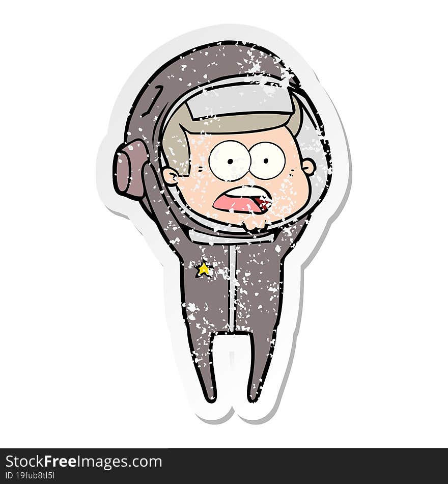 distressed sticker of a cartoon surprised astronaut