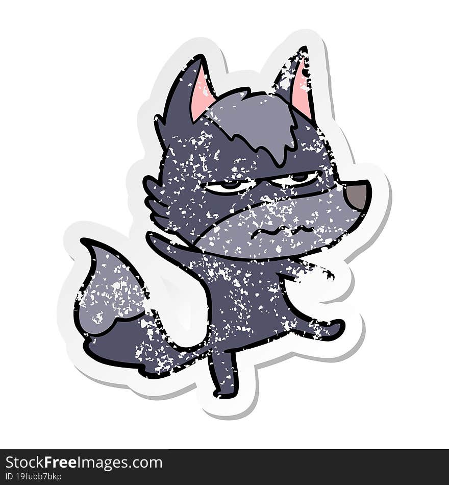 Distressed Sticker Of A Cartoon Annoyed Wolf