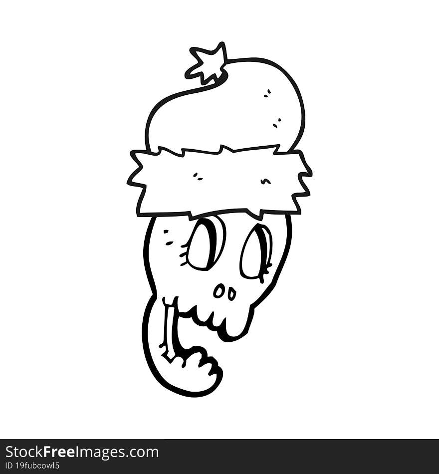 black and white cartoon christmas hat on skull